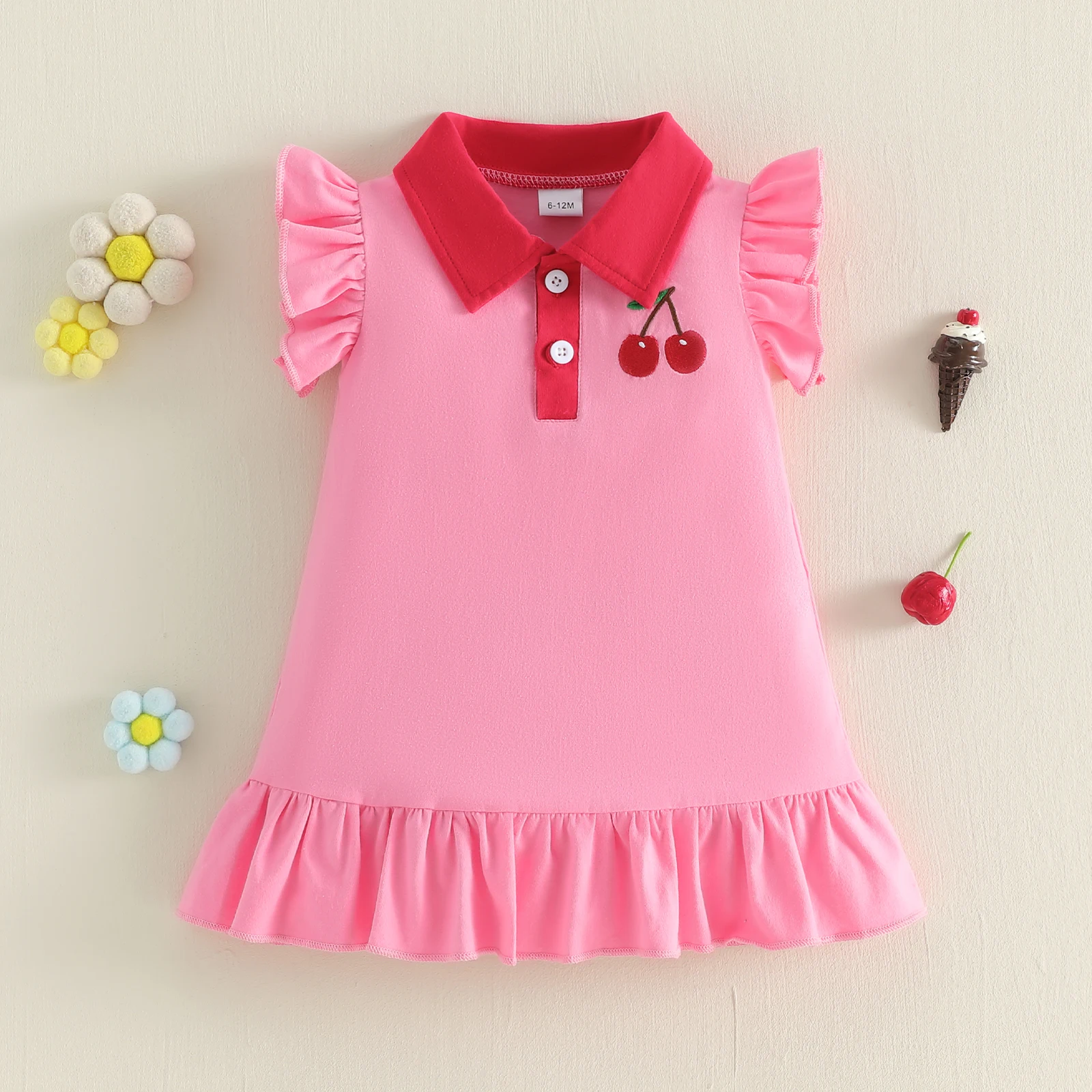 Vestido verano niña con volantes, cerezas, cuello vuelto y A