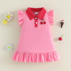 Vestido verano niña con volantes, cerezas, cuello vuelto y A
