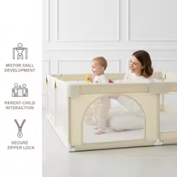 Parque de juegos para bebé beige con malla transpirable