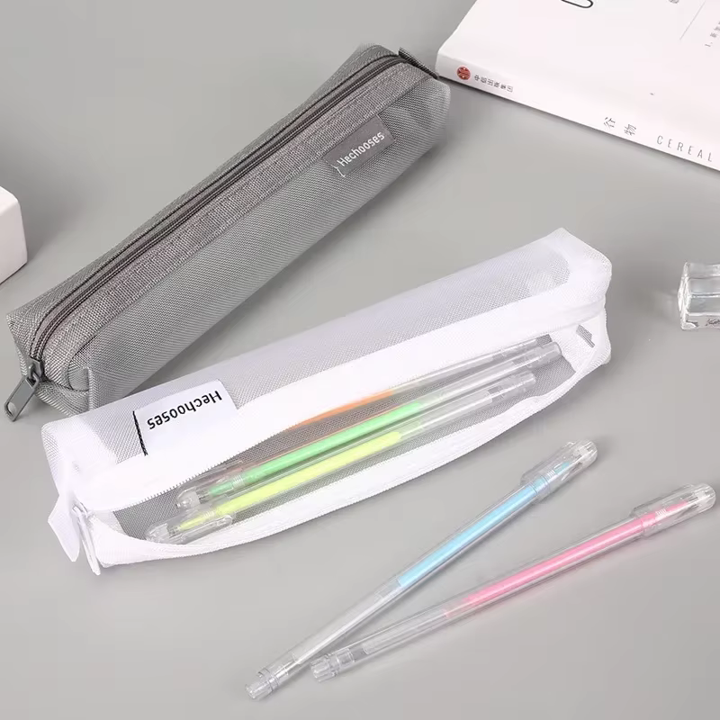 Estuche de lápices transparente con malla nailon – Porta bolígrafos unisex