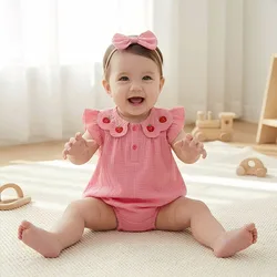 Pelele de verano para bebé niña con fresa y diadema bordada
