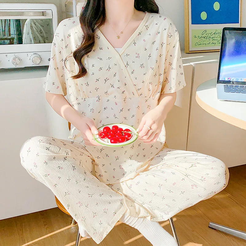 Pijama de lactancia de algodón floral para verano y otoño - imagen 4
