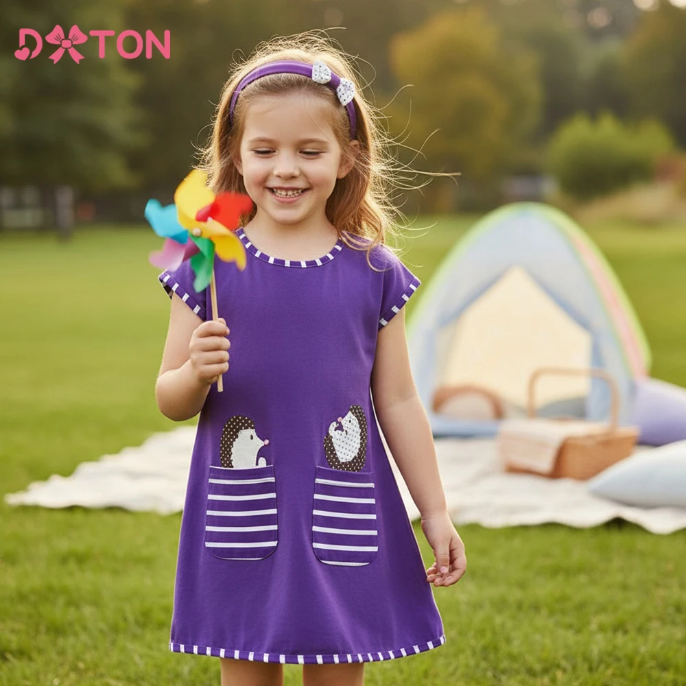Dxton vestido manga corta rayas niñas algodón bolsillos dibujos verano