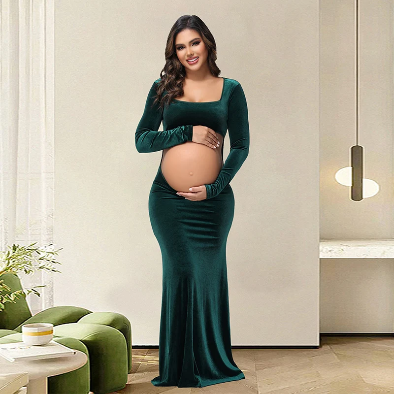Vestido de terciopelo para fotos de maternidad con cuello cuadrado - imagen 2