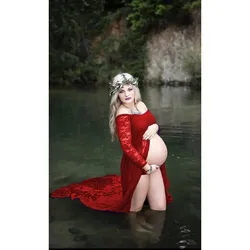 Vestido de embarazo largo con encaje y manga larga para fotos