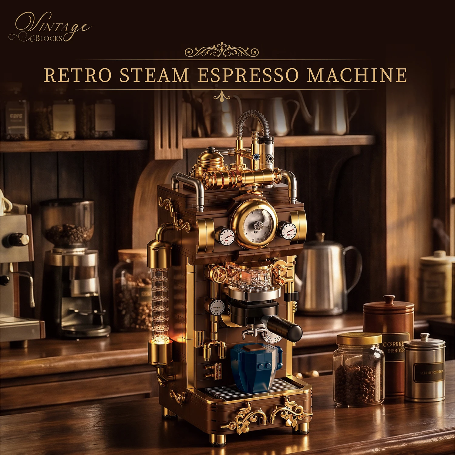 Bloques de construcción de cafetera de vapor retro con luces - imagen 4