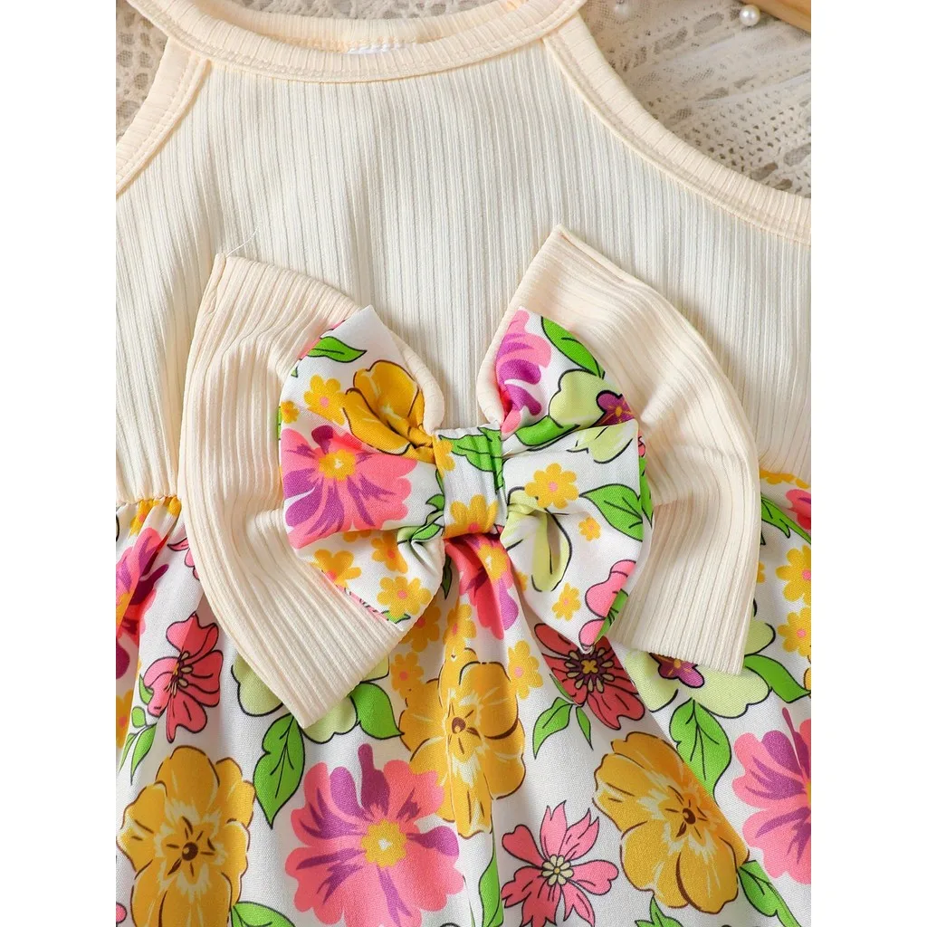 Vestido floral sin mangas para niña con lazo y sombrero de ala ancha - imagen 3