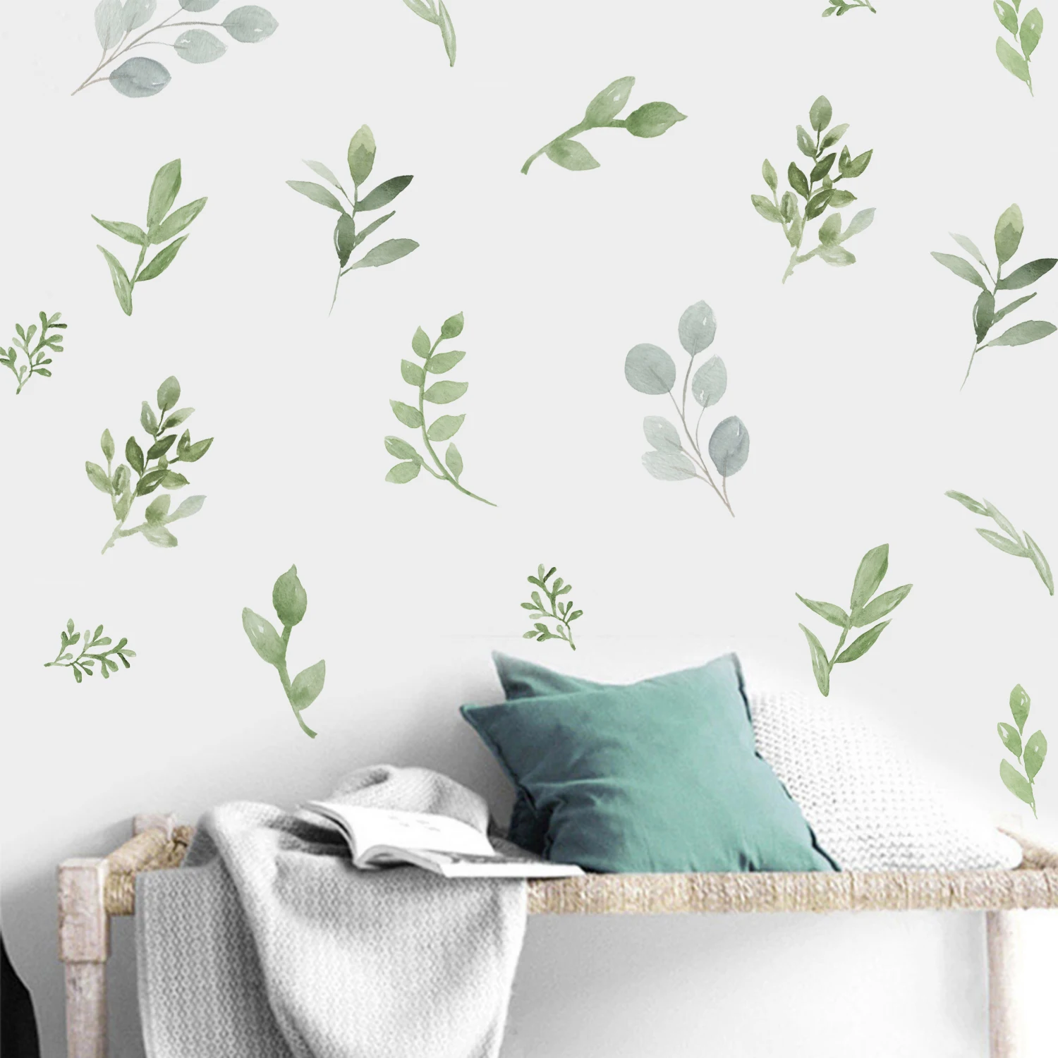 Vinilo pared infantil hojas y ramas en acuarela verde