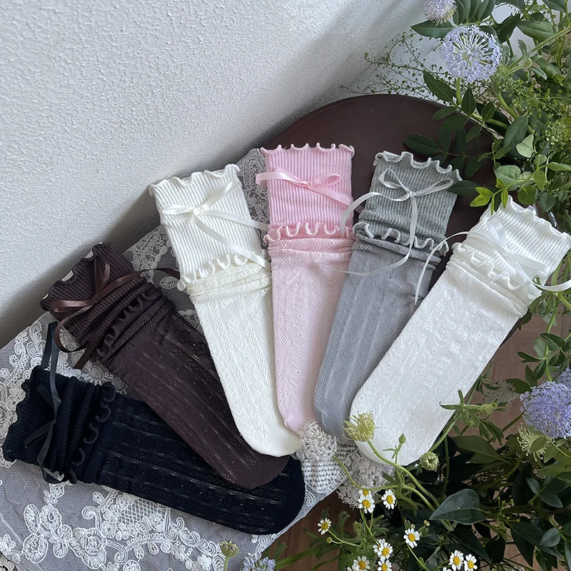 Calcetines rectos para niñas con lazo y color liso
