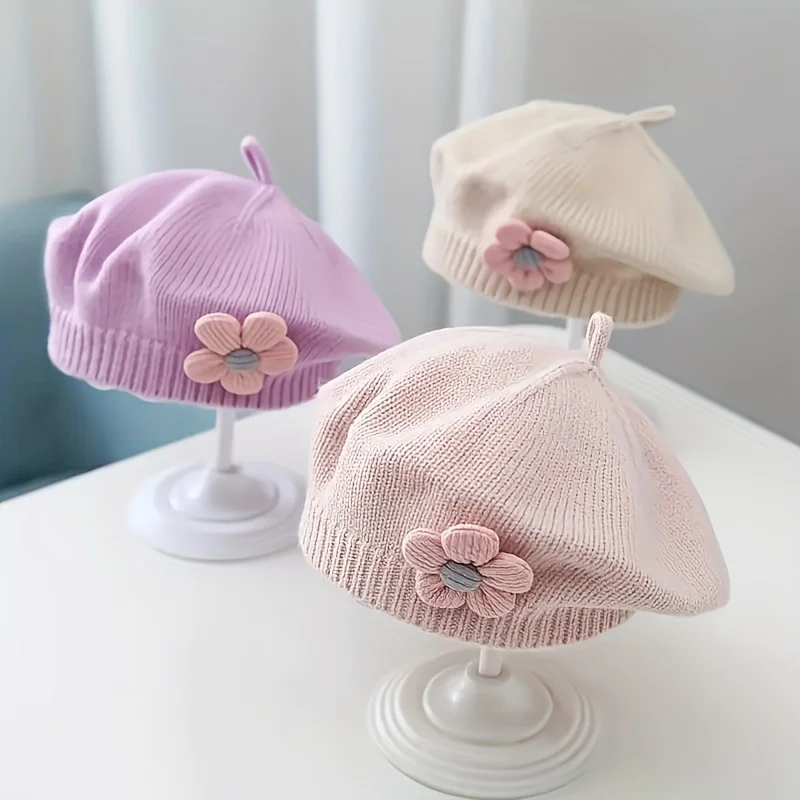 Gorro boina flores bebé punto cálido de invierno - imagen 3