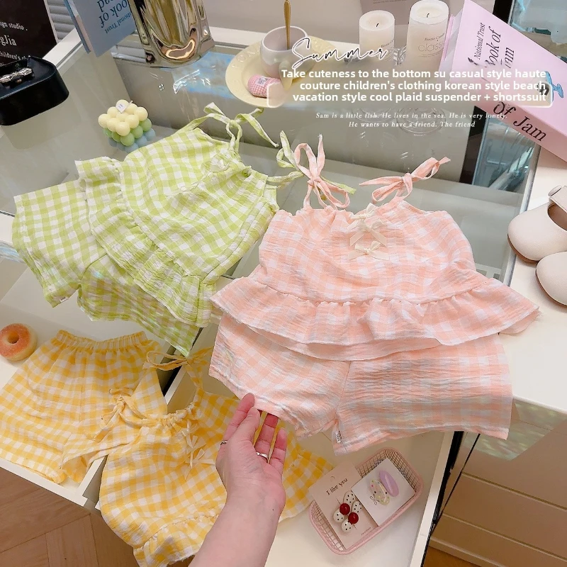 Conjunto verano niña tirantes lazo falda cuadros princesa traje dulce