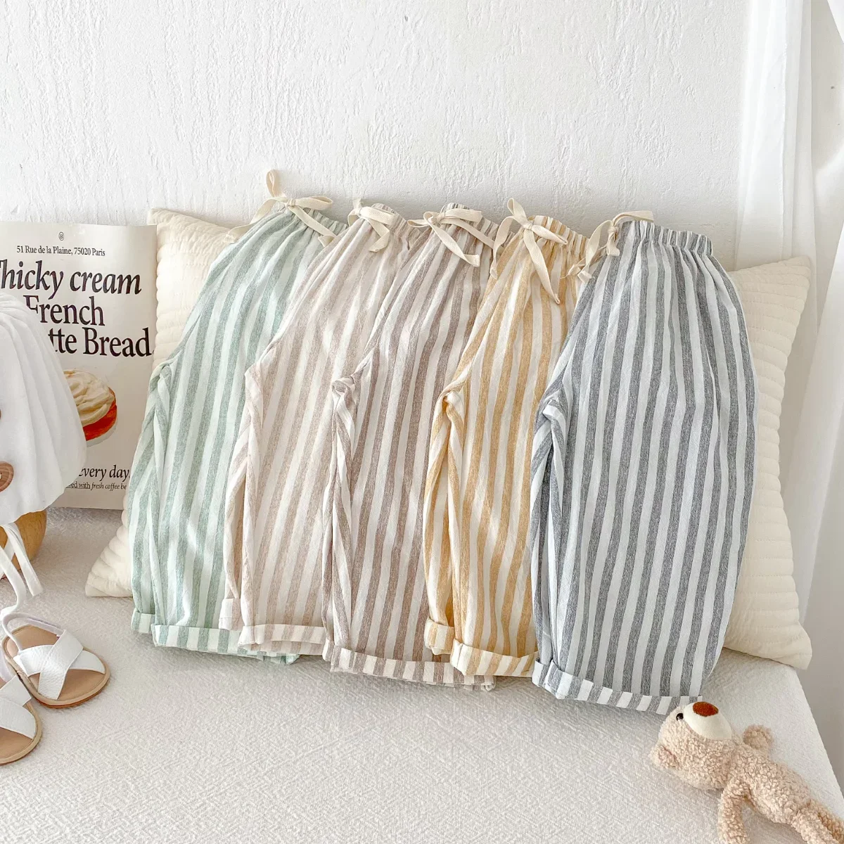 Pantalones de lino y algodón a rayas para niña con bolsillos vintage - imagen 3