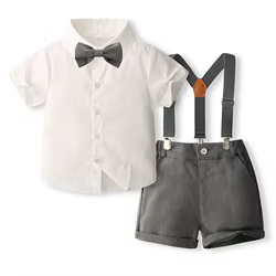 Conjunto verano niño: camisa manga corta con lazo y pantalón tirantes