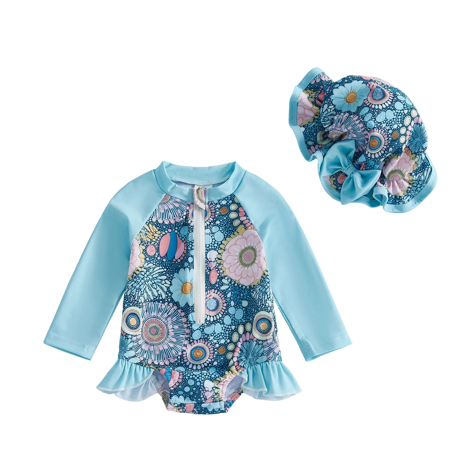 Traje de baño niña floral con gorro y cremallera, manga larga