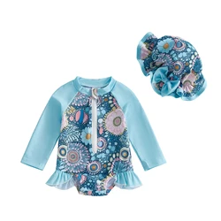 Traje de baño niña floral con gorro y cremallera, manga larga