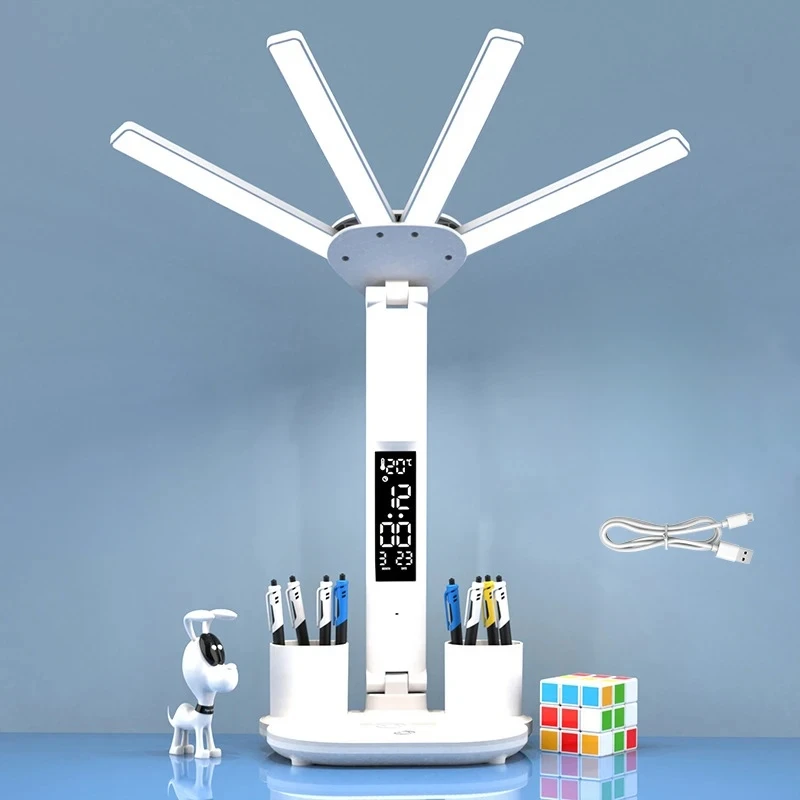 Lámpara de escritorio LED recargable con cabezales ajustables y reloj
