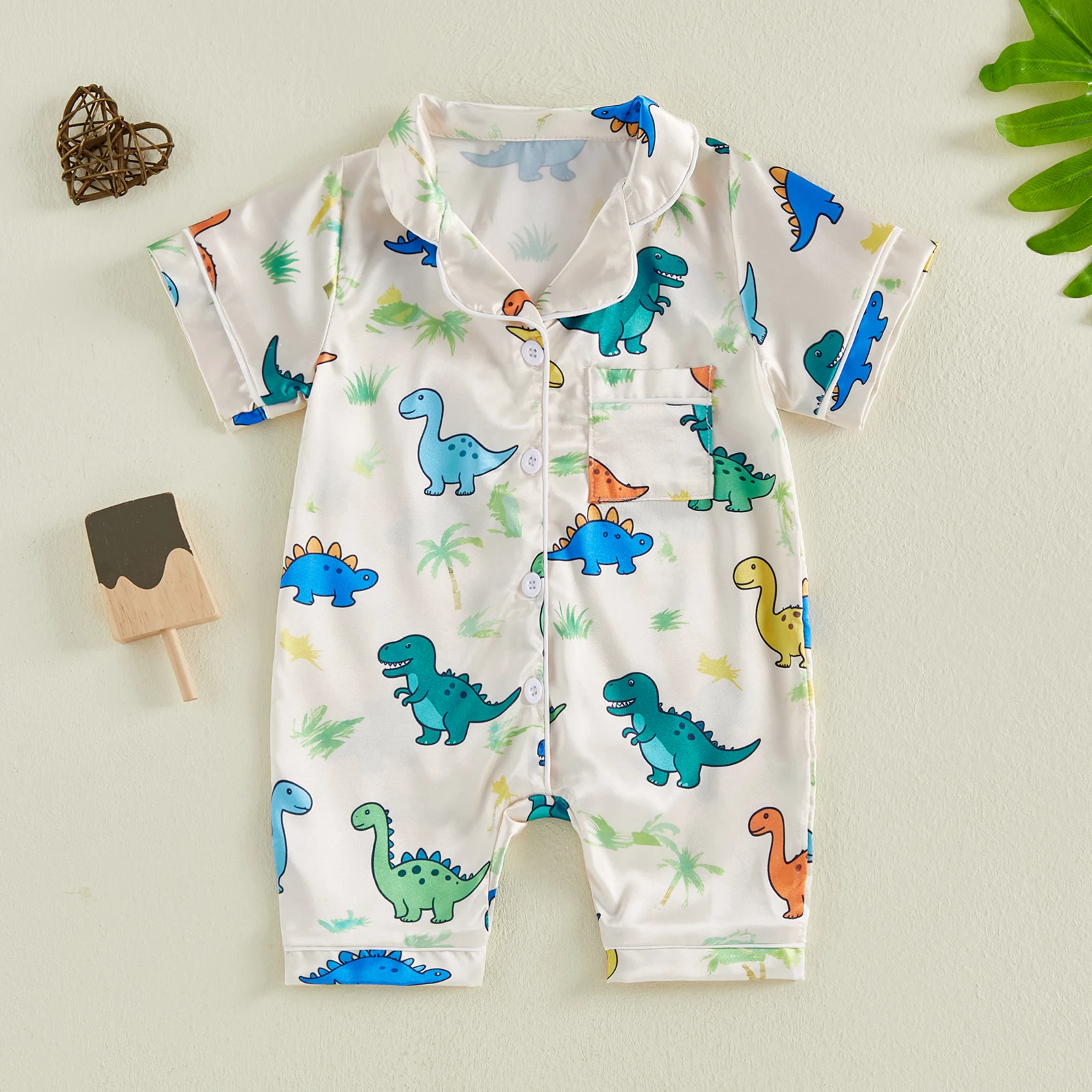 Pijama bebé con dinosaurios y cuello vuelto, manga corta - imagen 2