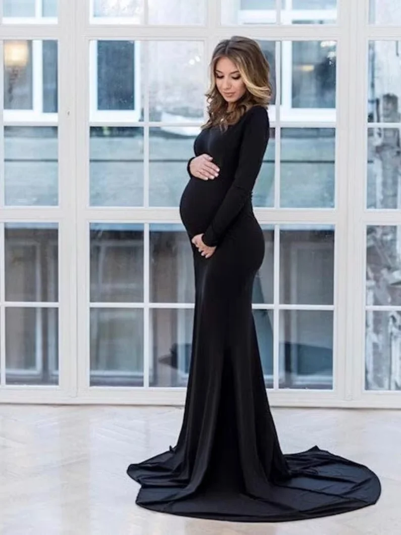 Vestido de maternidad negro de manga larga elástico para fotos