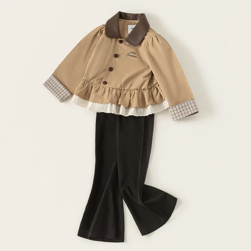 Conjunto niña con cuello polipiel a cuadros camiseta y pantalón campana - imagen 3