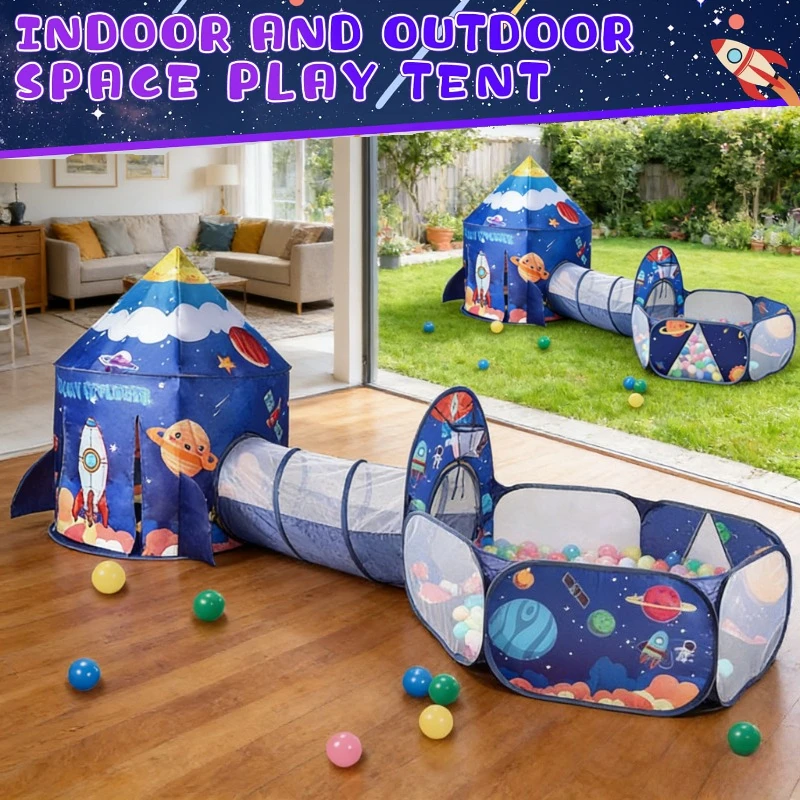 Set de juegos espacial infantil con piscina de bolas y túnel de gateo - imagen 3