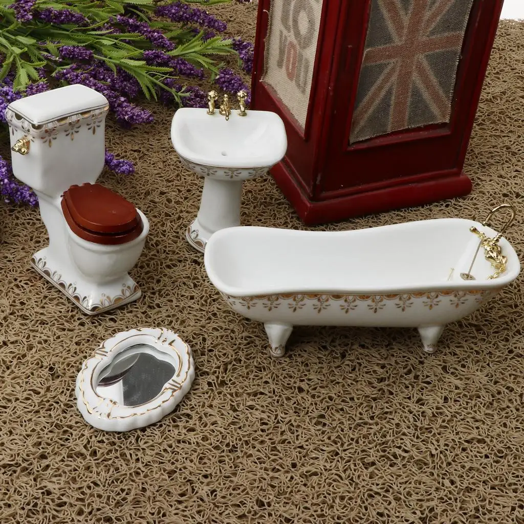 Juego de baño en miniatura para casa de muñecas: inodoro y espejo - imagen 2