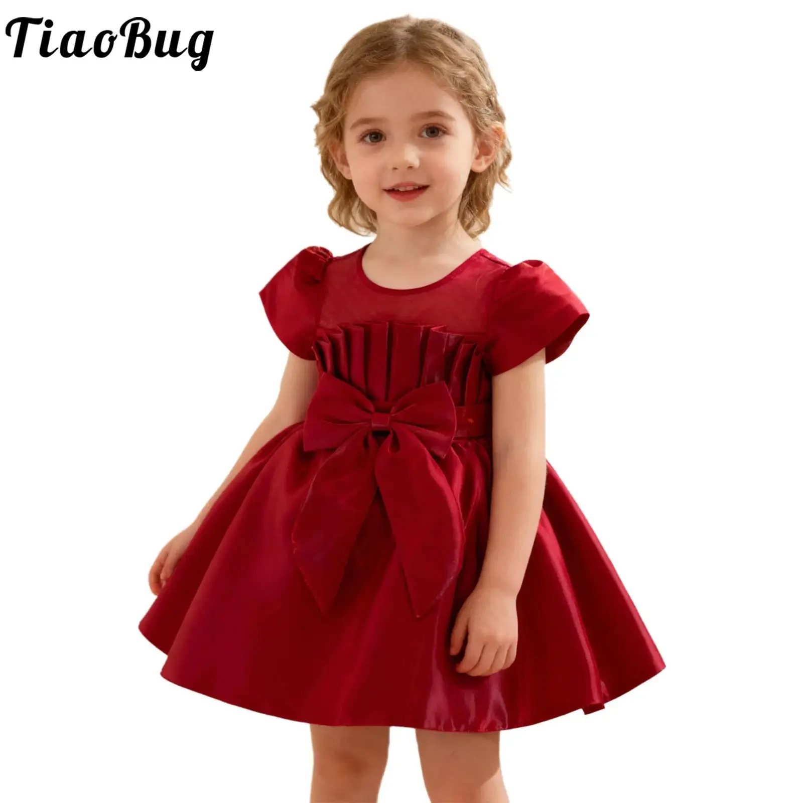 Vestido de flores para niña con mangas cortas abombadas y lazo - imagen 4