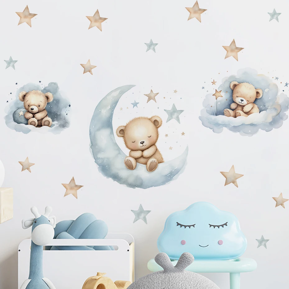 Pegatinas de pared luna y oso de peluche rosas habitación infantil