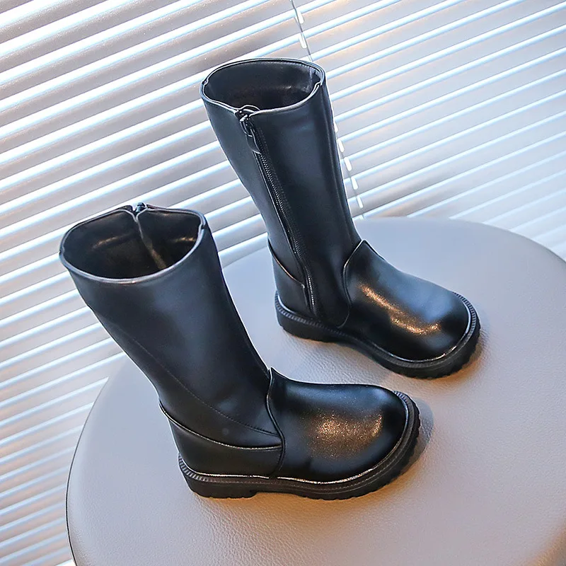 Botas altas de cuero PU negro para niñas y niños de invierno - imagen 4