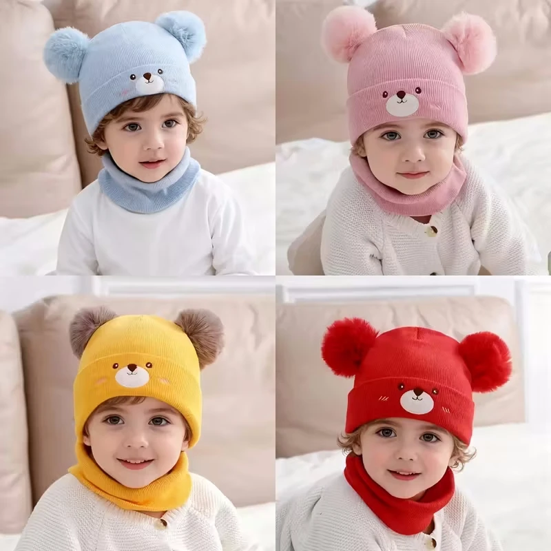 Gorro y bufanda de punto para bebé con cara bordada – Otoño invierno - imagen 2