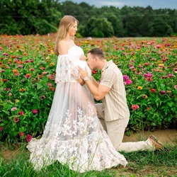 Vestido de embarazo tul bordado con encaje para fotos, cuello V