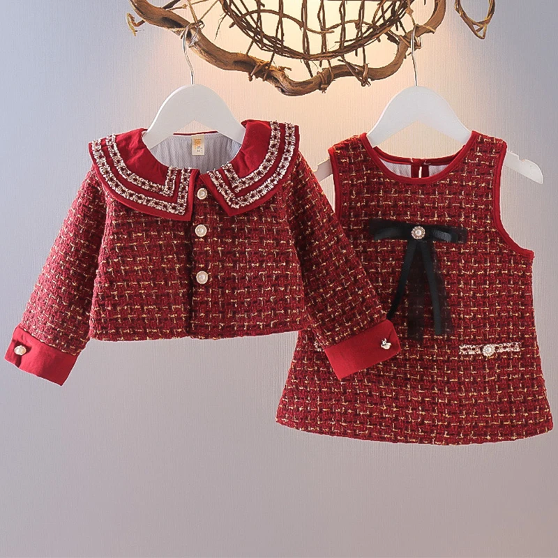 Conjunto de otoño para niña: abrigo a cuadros y vestido de princes - imagen 4