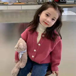 Cárdigan de punto cuello alto para niña – Color sólido