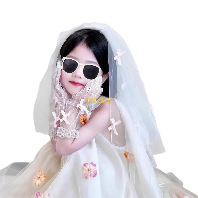 Conjunto de tocado y guantes con lazo rosa y velo para niña - imagen 2