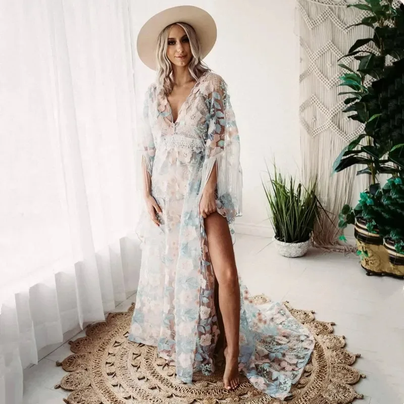 Vestido de maternidad boho largo de encaje bordado para fotos - imagen 2