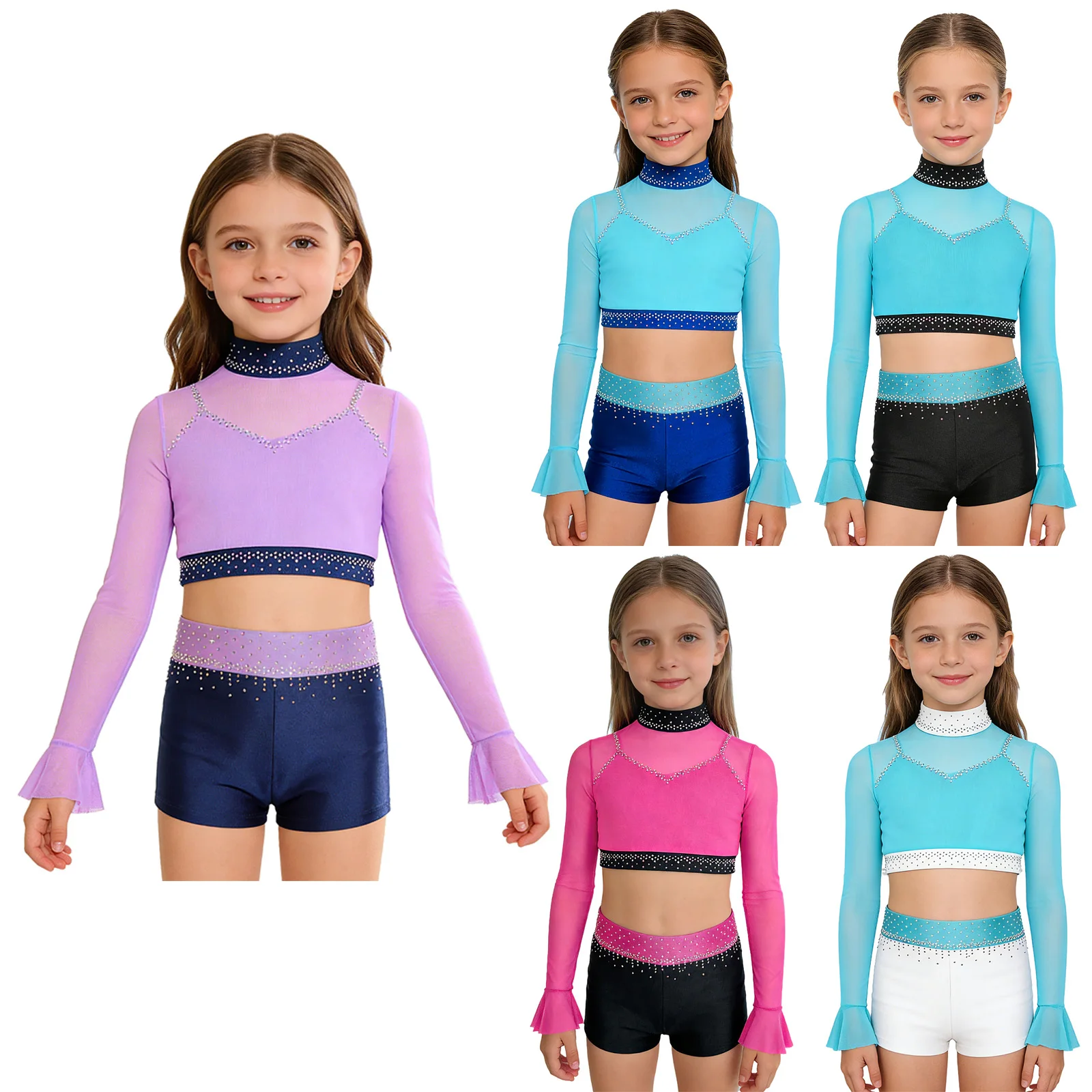 Traje de ballet para niña con pedrería brillante y top de malla