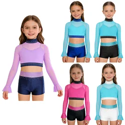 Traje de ballet para niña con pedrería brillante y top de malla
