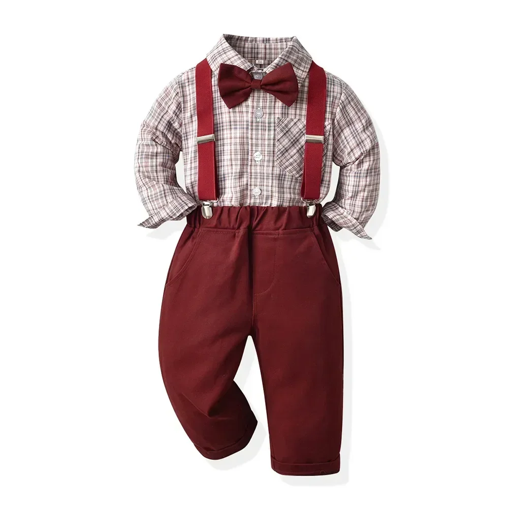 Conjunto de camisa a cuadros de algodón con tirantes para niño - imagen 2