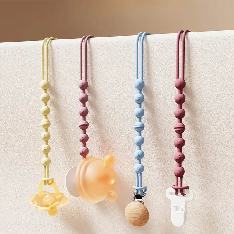 Clip para chupete de silicona y madera con soporte de cadena