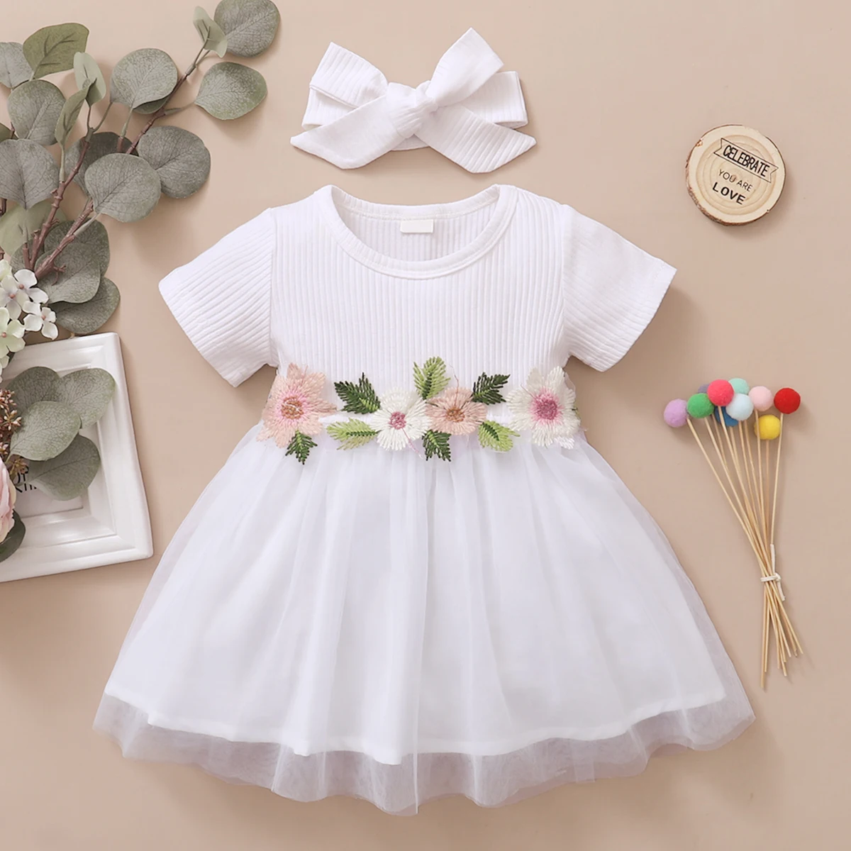 Vestido de fiesta niña tul con flores bordadas