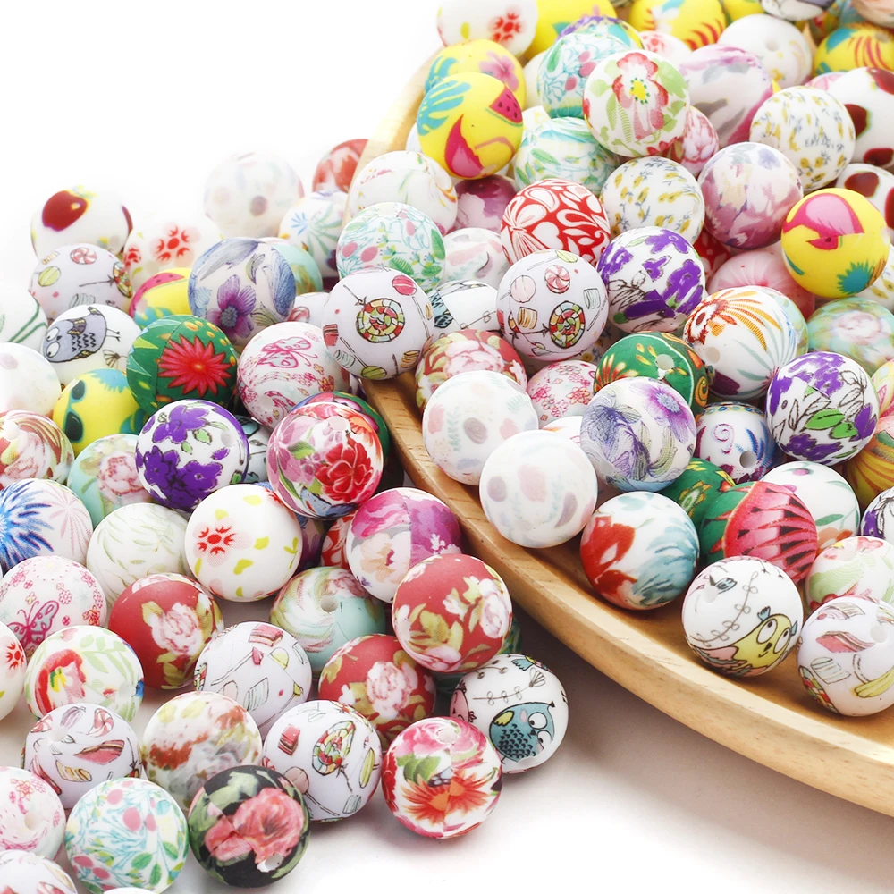 Cuentas redondas de silicona con flores - 15 mm para mordedores en tonos pastel