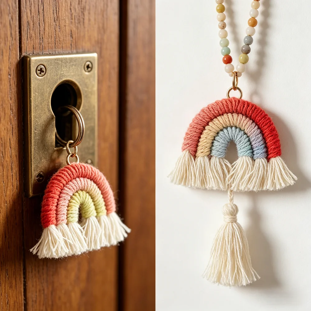 Colgante de borlas arcoíris tejido para accesorios de pelo y llavero