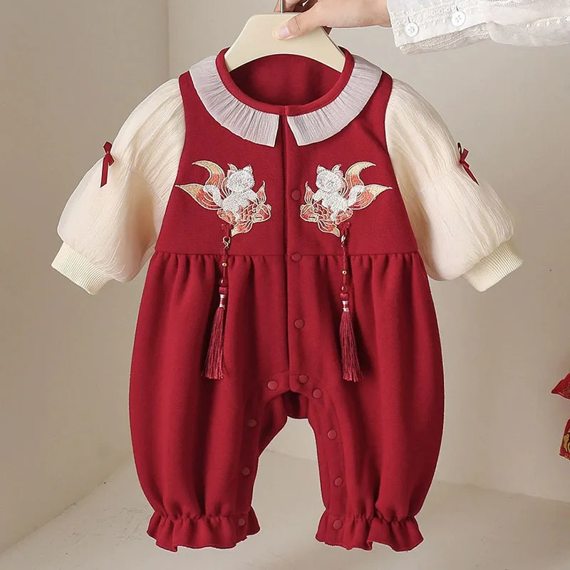 Mono bebé de manga larga con lazo y bordado estilo chino para niña