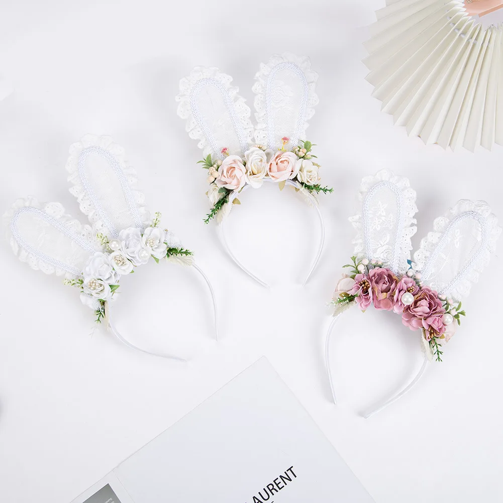 Diadema orejas de conejo con perlas para niña – Encaje floral suave - imagen 3