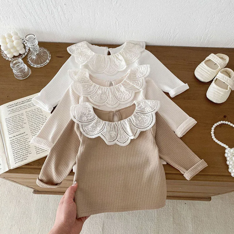 MILANCEL Blusa de encaje con cuello hoja loto para bebé manga larga - imagen 5