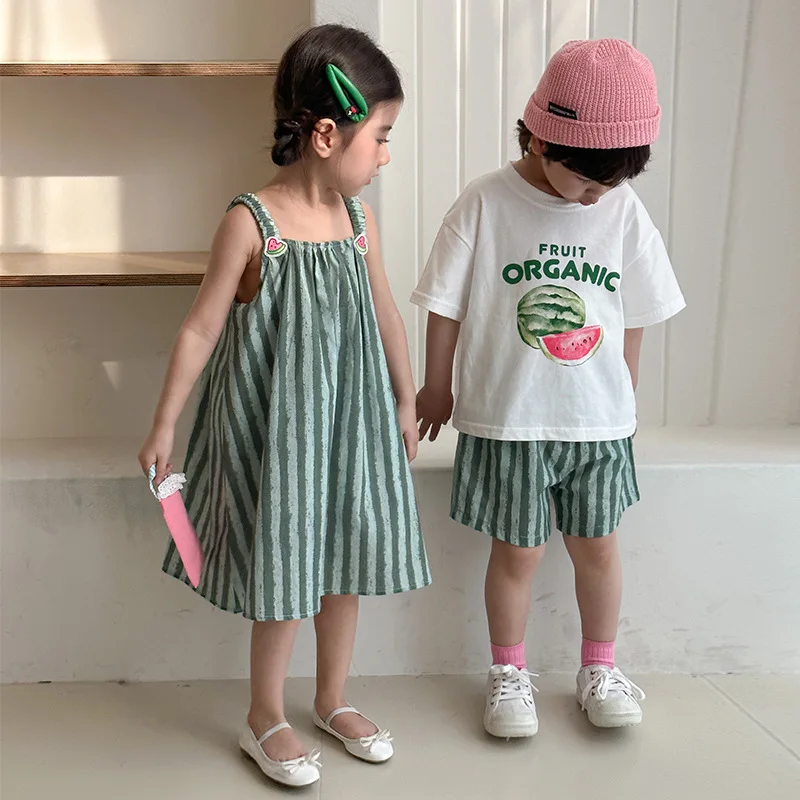 Conjunto verano niños camiseta y shorts rayas algodón + vestido tirantes - imagen 5
