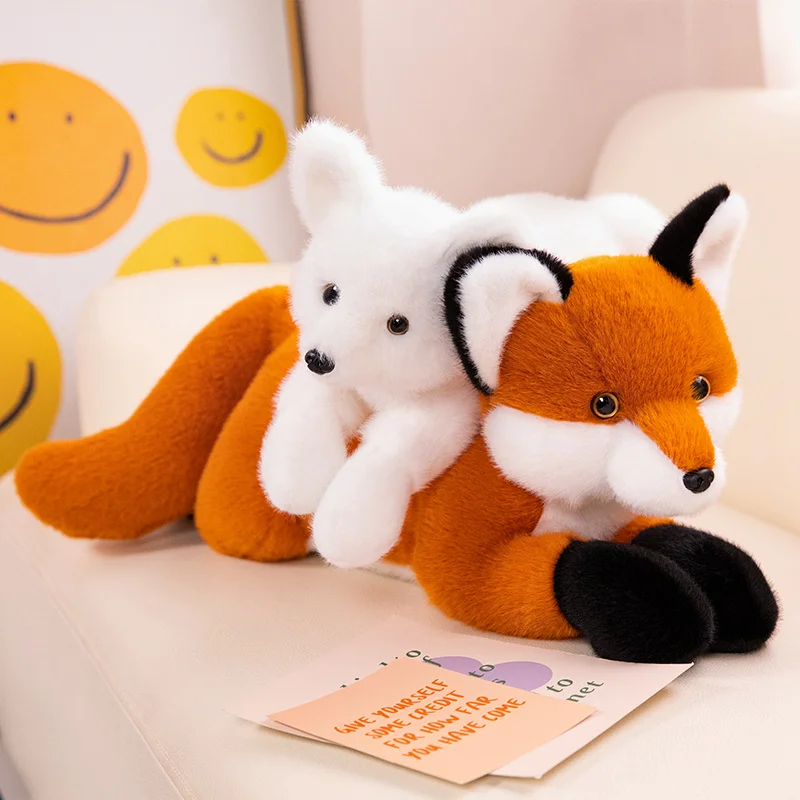 Peluche zorro blanco y rojo de cola larga, suave