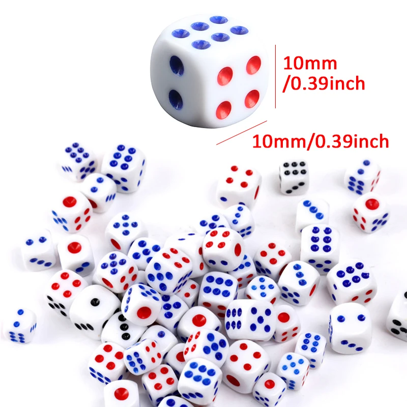 Dados de plástico con puntos azules y rojos