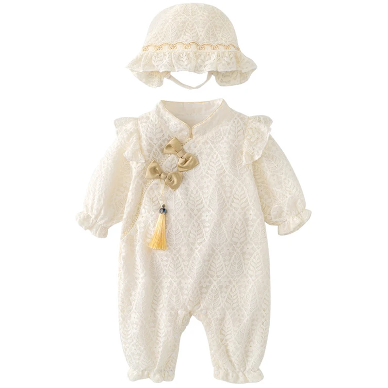Conjunto recién née para niña – Pelele con sombrero y lazo de encaje - imagen 5