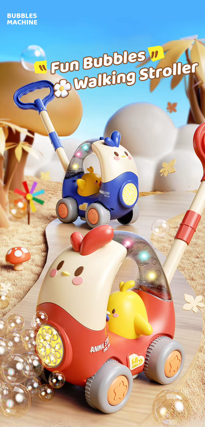 Carrito de burbujas con luz y diseño de pollo