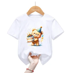 Camiseta verano con oso de cumpleaños – Manga corta blanca para niño y niña